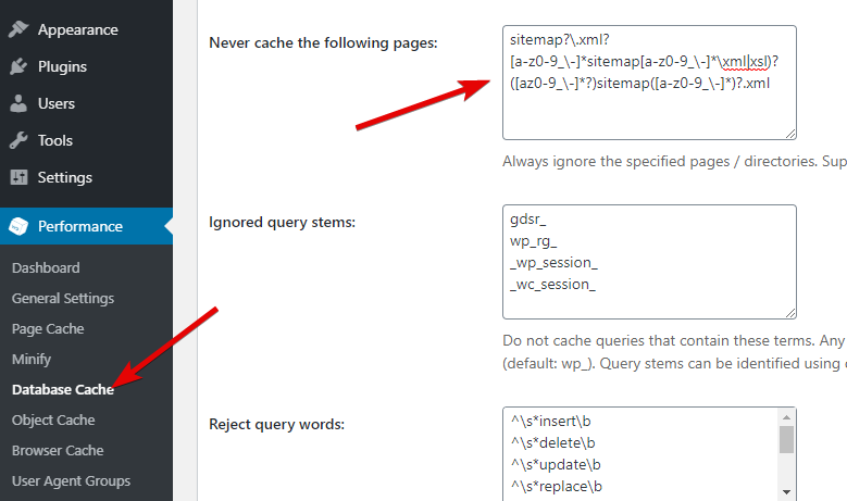 Exclude Sitemap In Database Cache W3 Total Cache