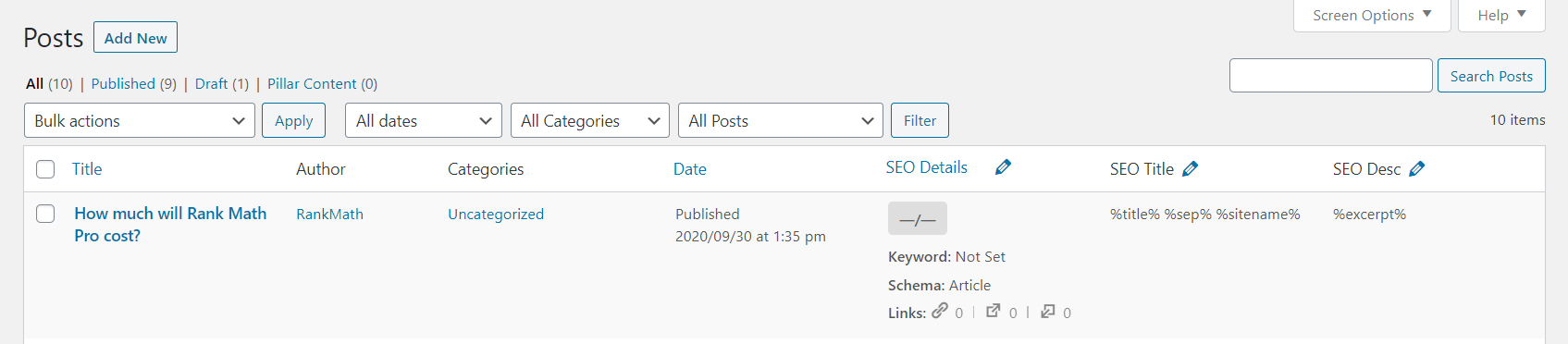 How Post Screen Appears After Enabling SEO Settings