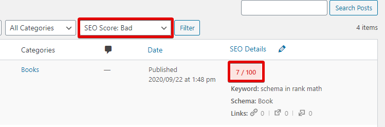 Rank Math Filters All Posts With Bad SEO Score