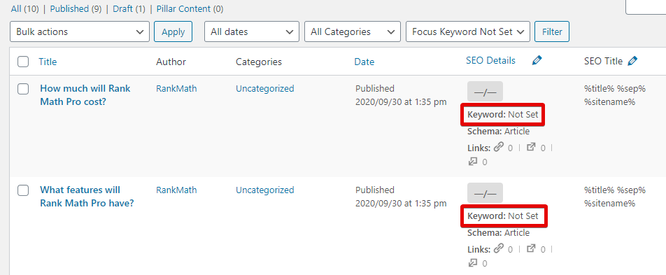 Rank Math Will Show Posts That Have No Focus Keyword Set
