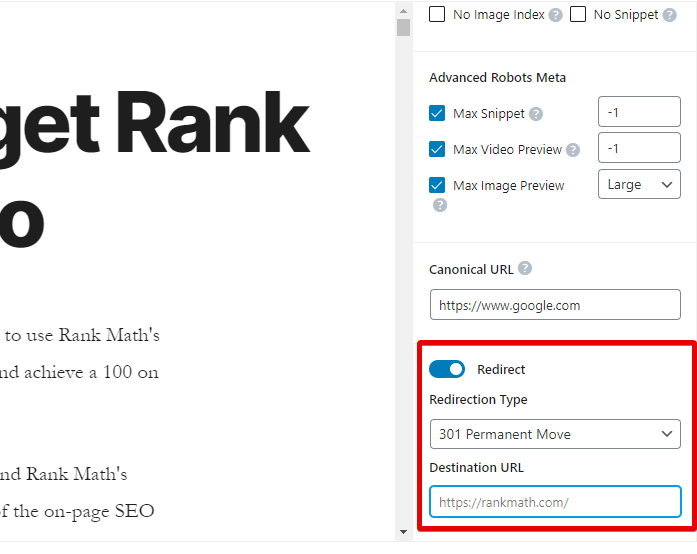 Redirect Settings On The Post In Rank Math