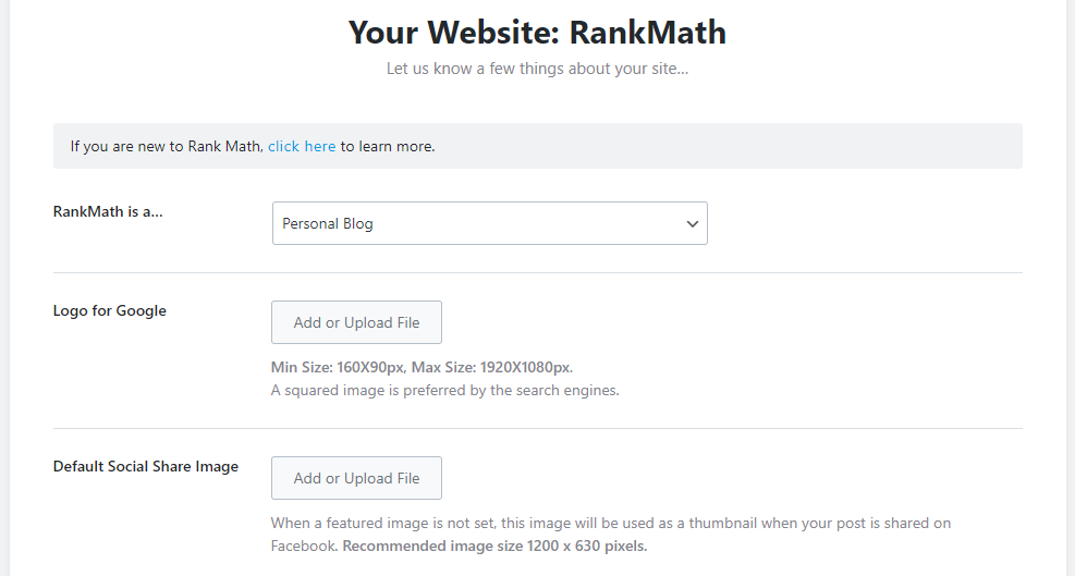 Your Website Details Setup Page In Rank Math