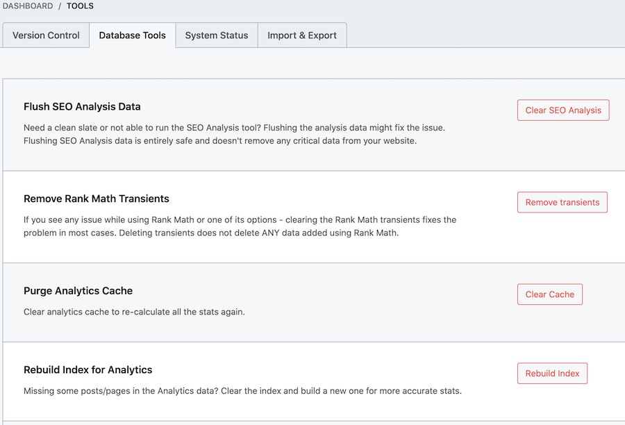 database tools menu in rank math