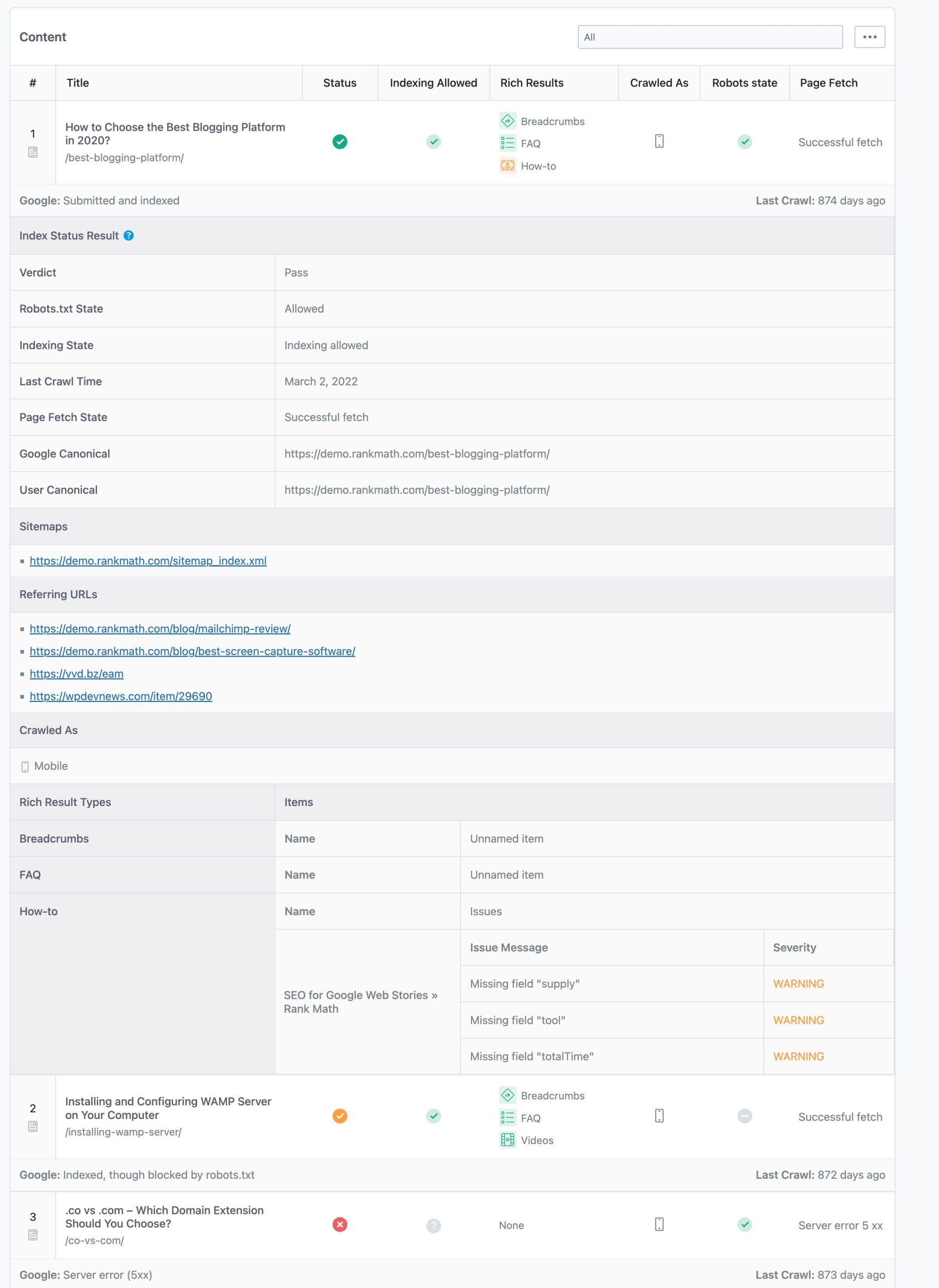 index result