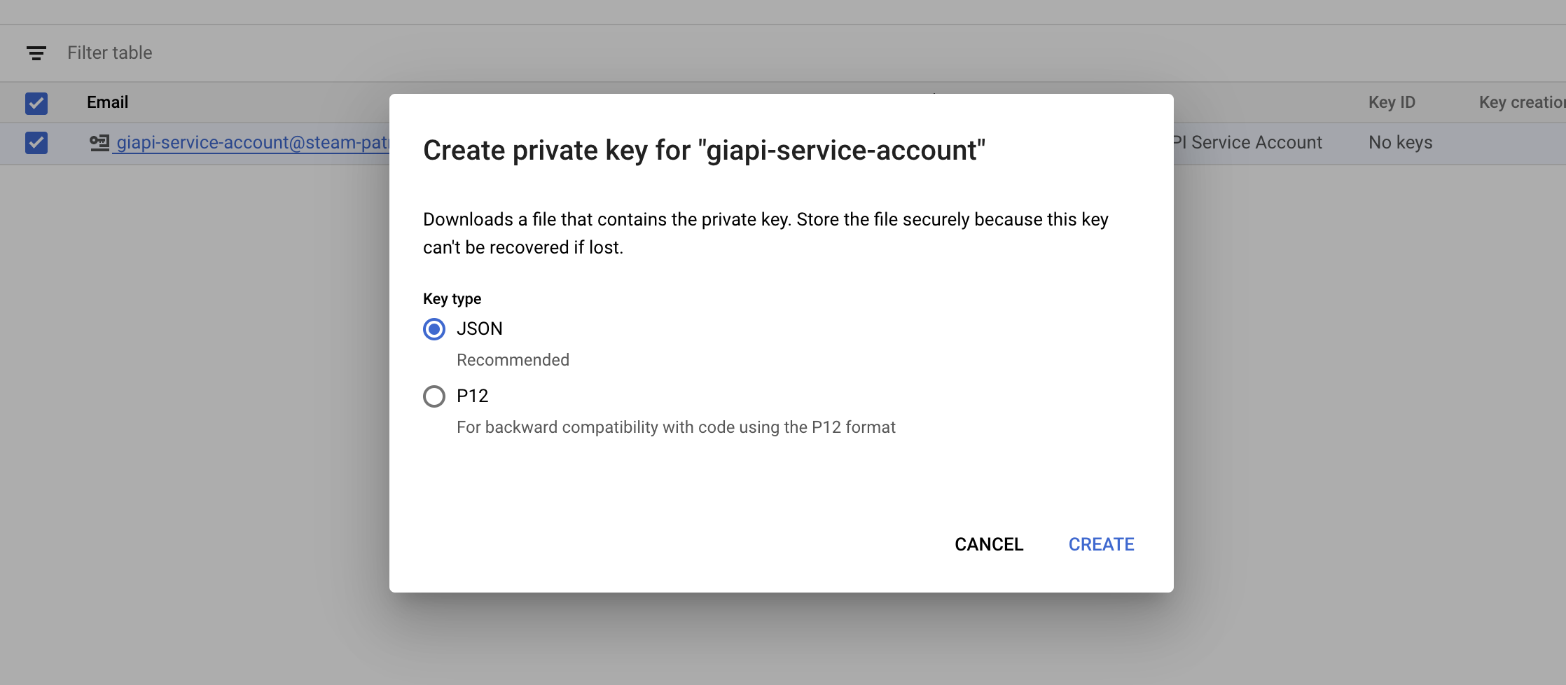 Create private key as JSON type