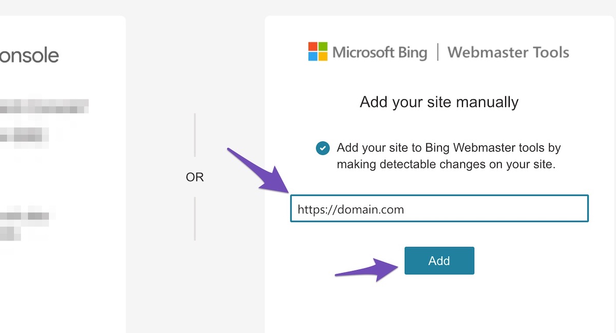 enter your website URL on Bing