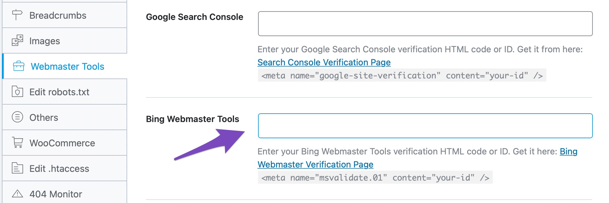 Add Bing Webmaster Tools verification code