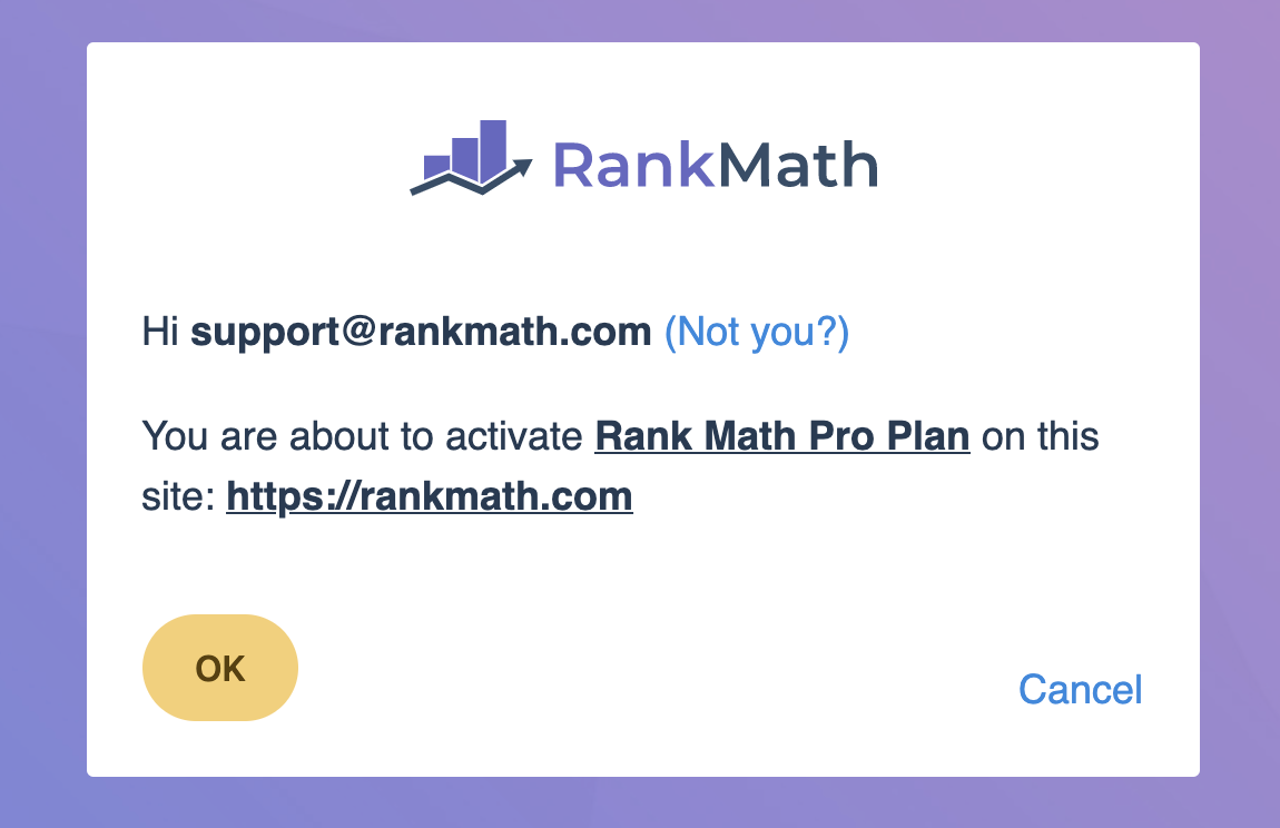 Activate Rank Math PRO license confirmation