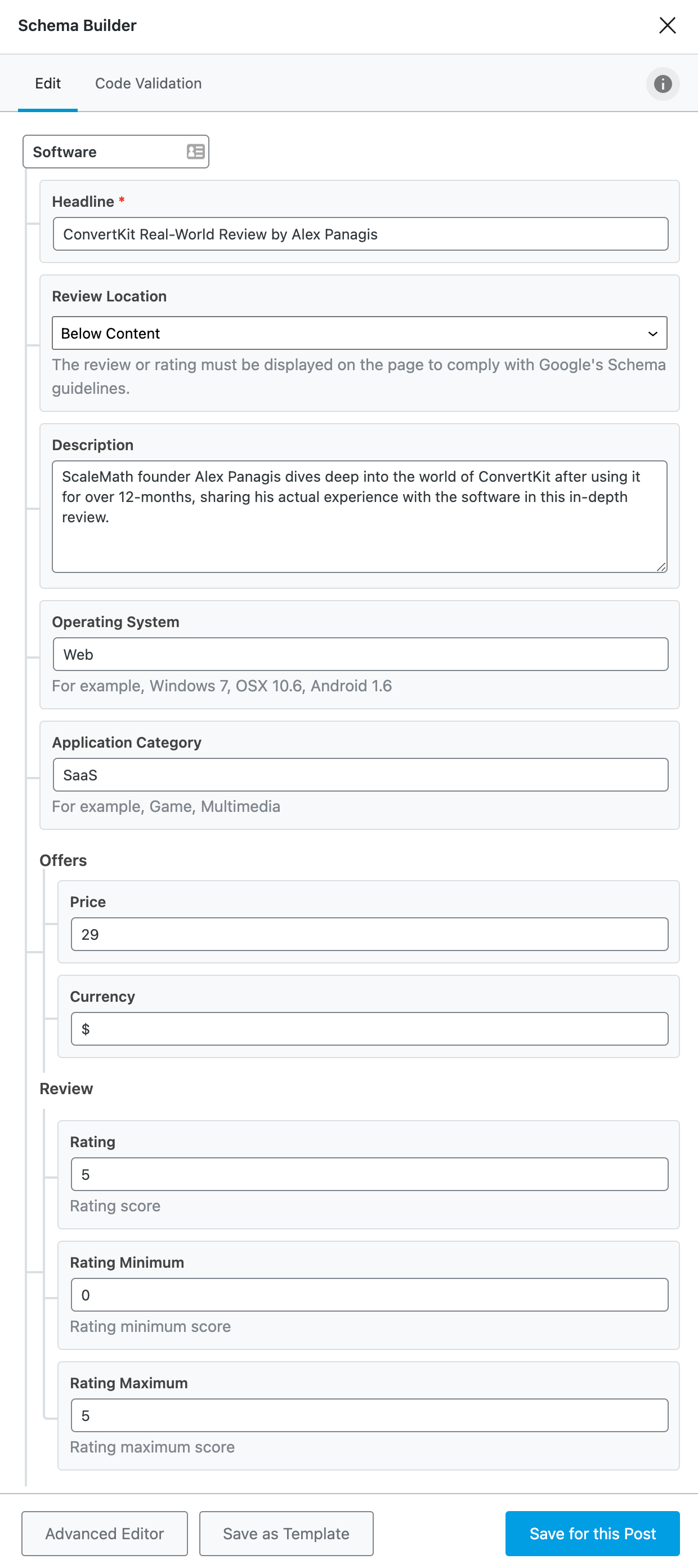 Software Review Schema Example with Rank Math