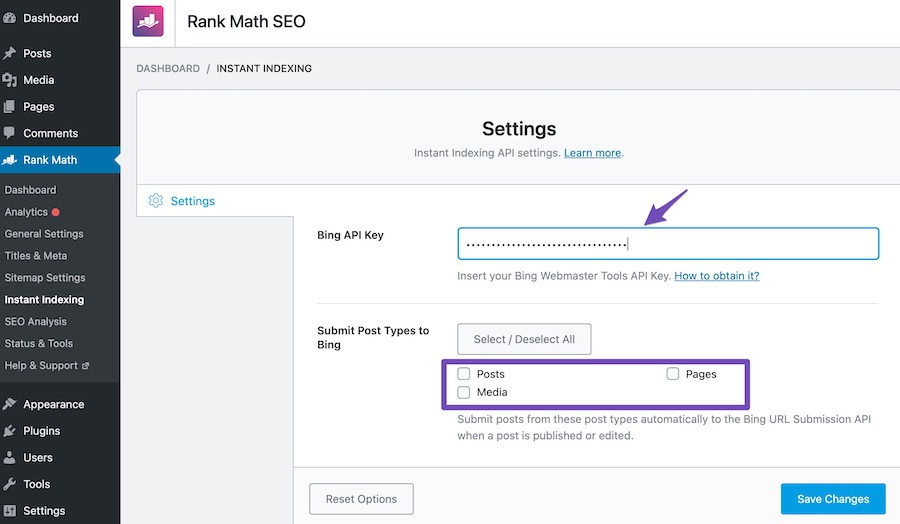 أدخل مفتاح API في Rank Math