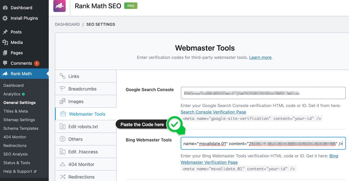 Paste the Bing Verification Code in Rank Math