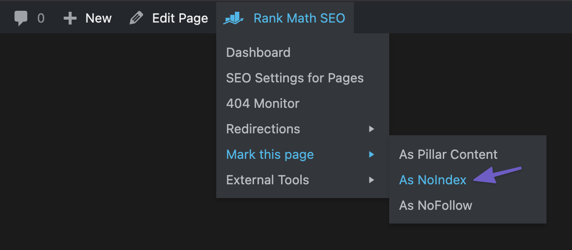 Rank Math Admin Bar Mark Page as NoIndex