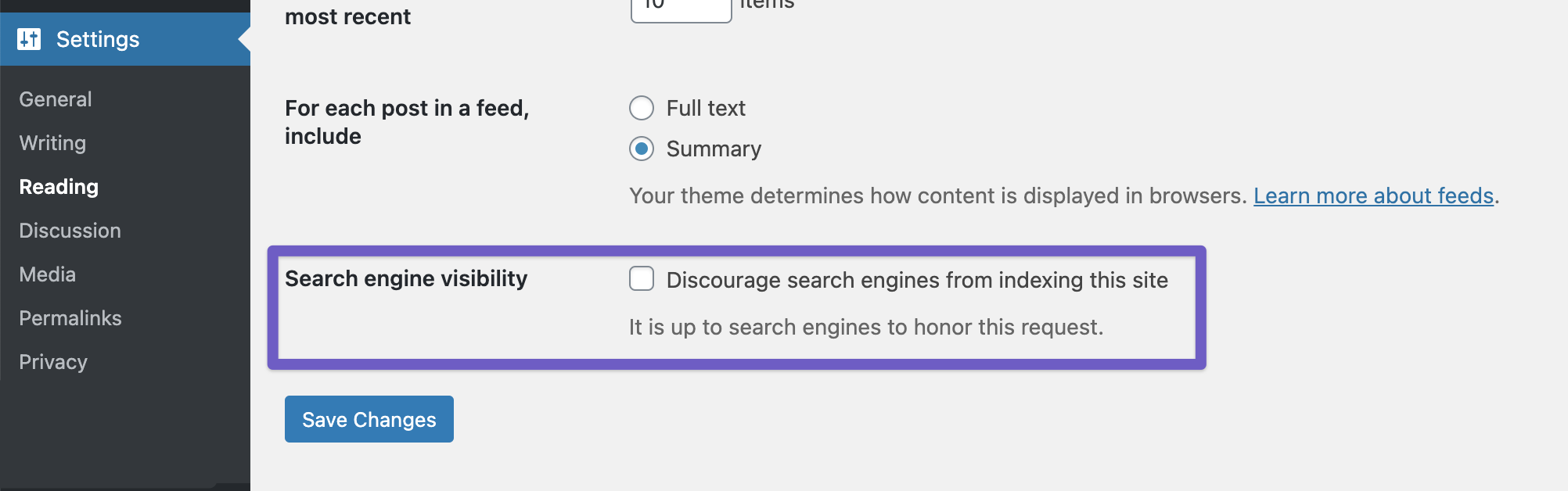 Ensure Search Engine Visibility option is unchecked