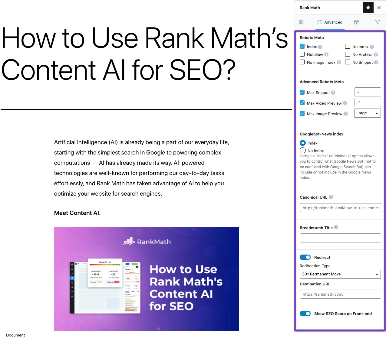 Advanced tab in Rank Math