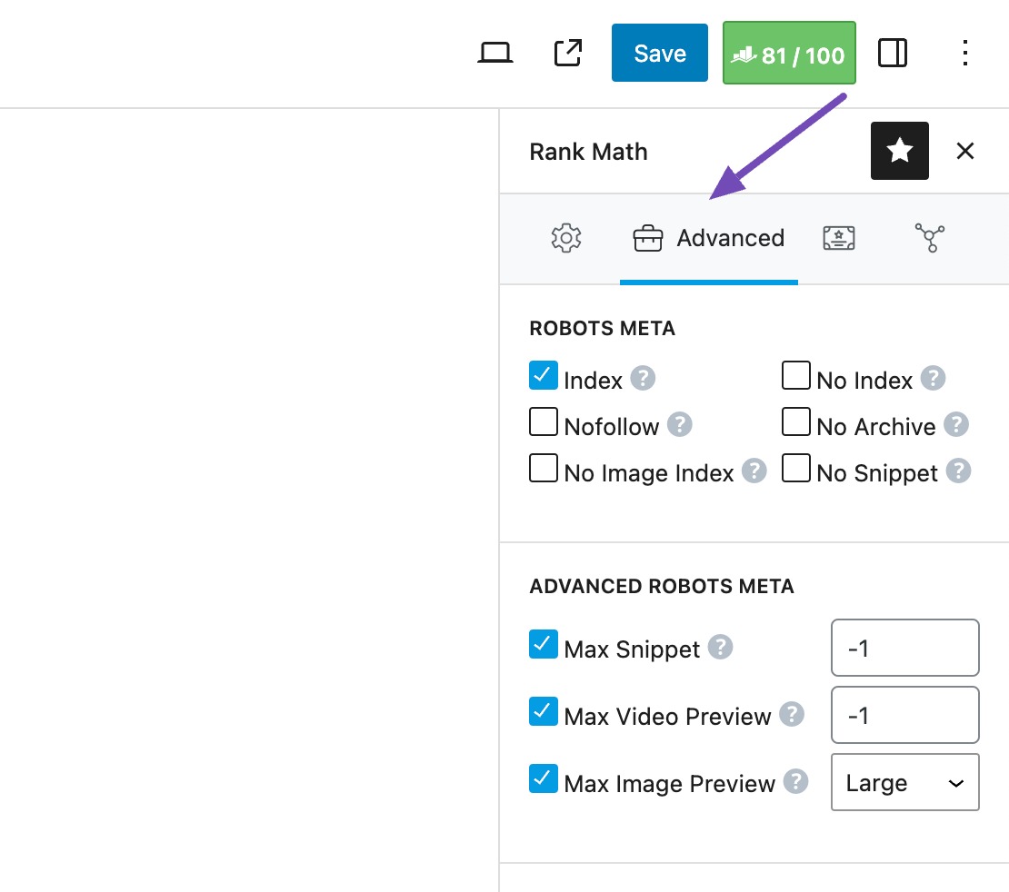 Set Robots Meta to index in Rank Math Metabox