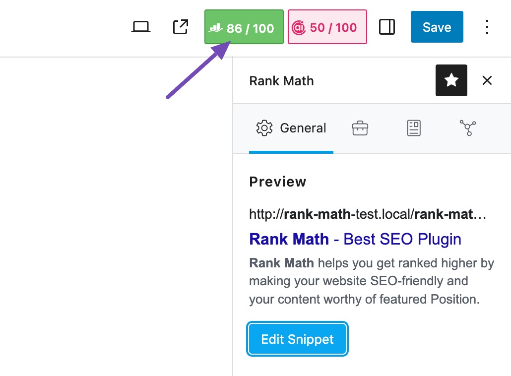 Click the Rank Math SEO icon in Gutenberg