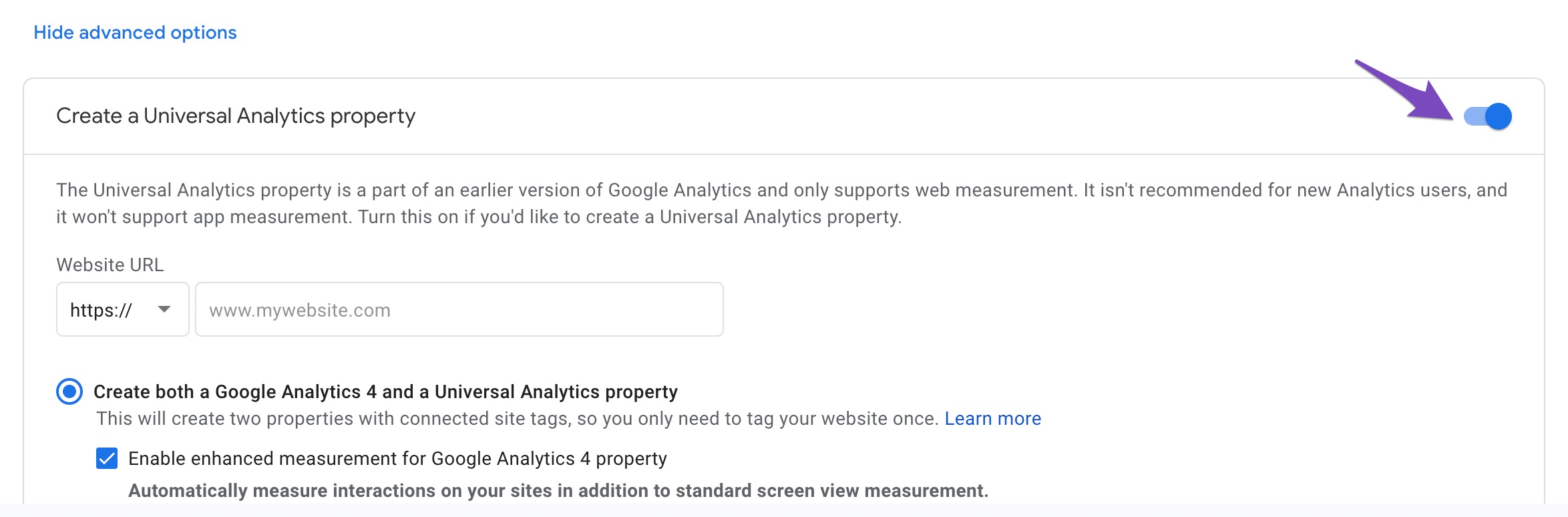 enable Create a Universal Analytics Property.