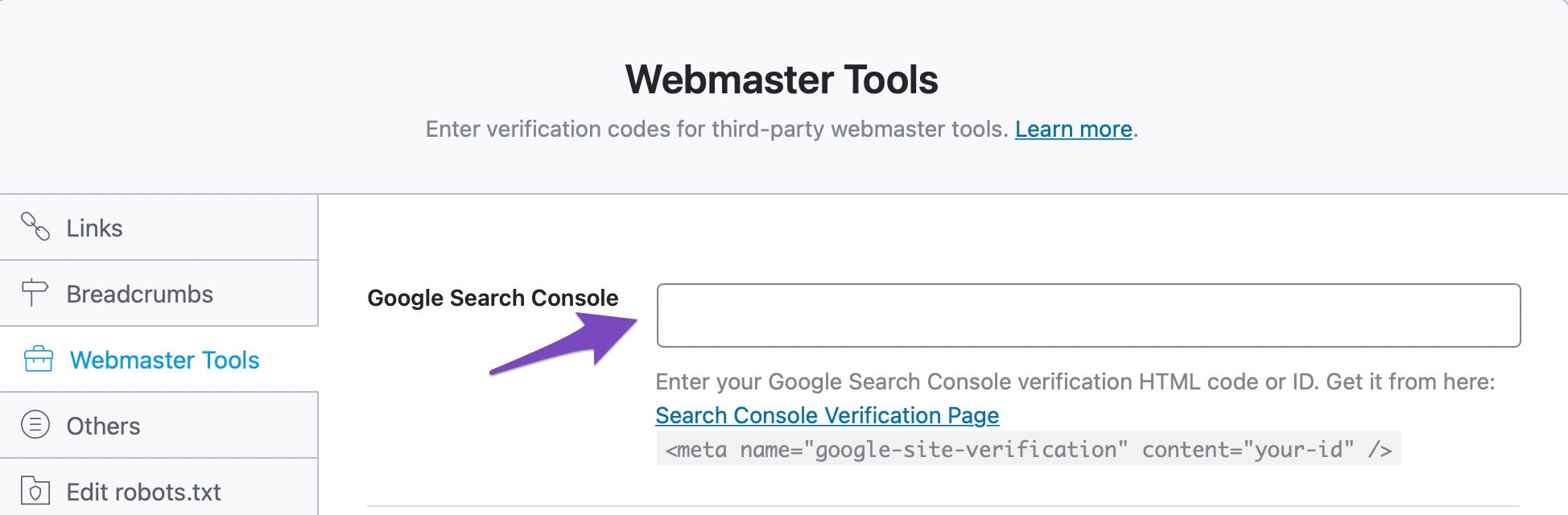 Navigate to the Webmaster Tools