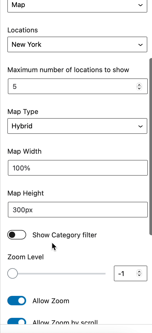 Options available in Map