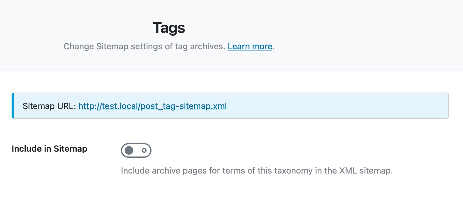Sitemap settings for Tags