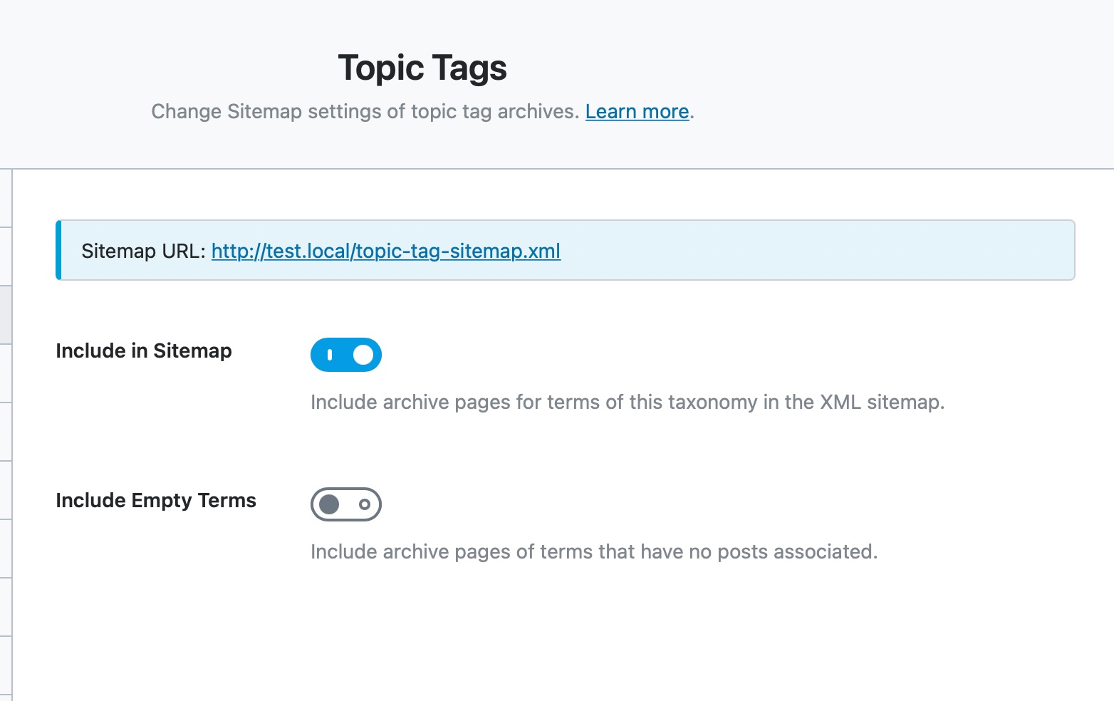 all options in topic tags sitemaps