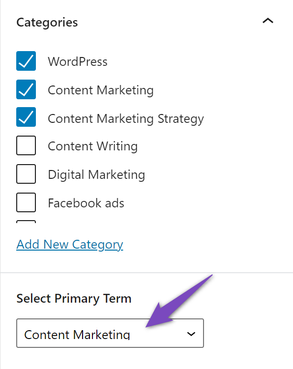 select primary category in Block editor