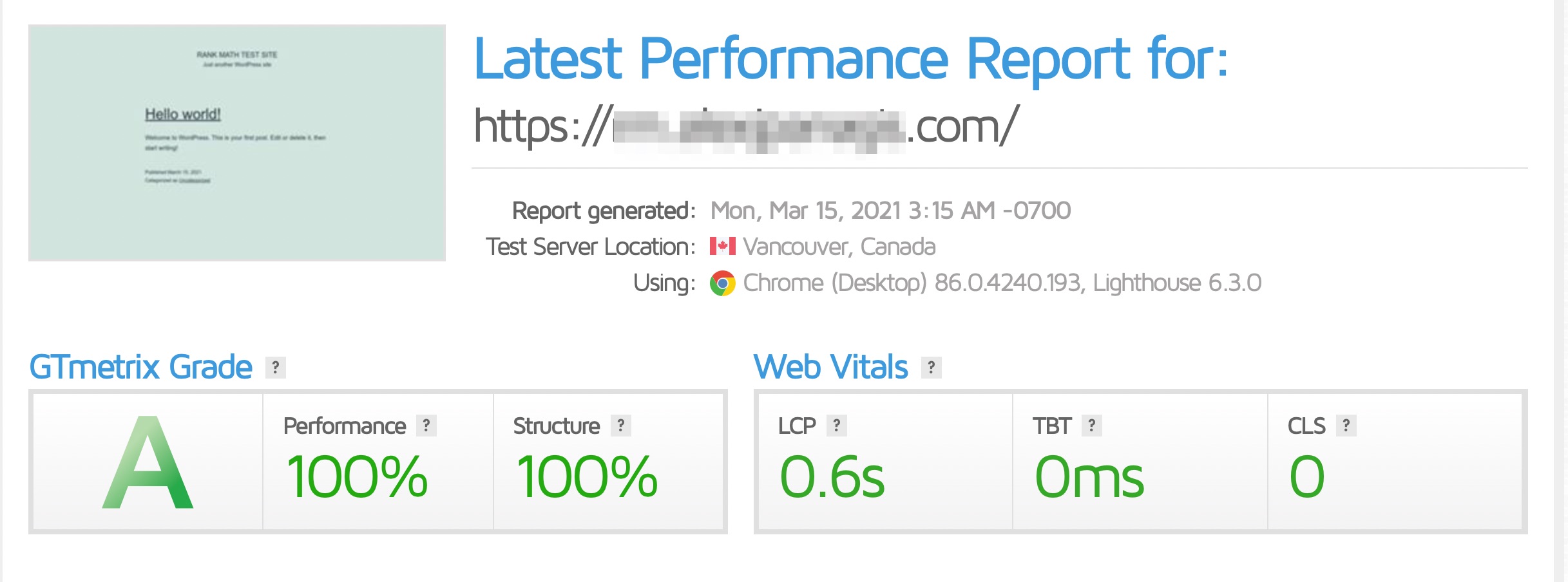 GTmetrix test with Rank Math installed