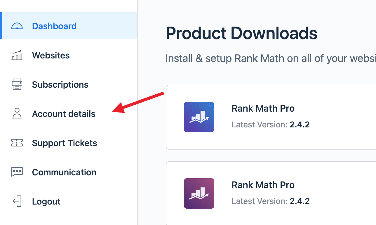 Rank Math account details section