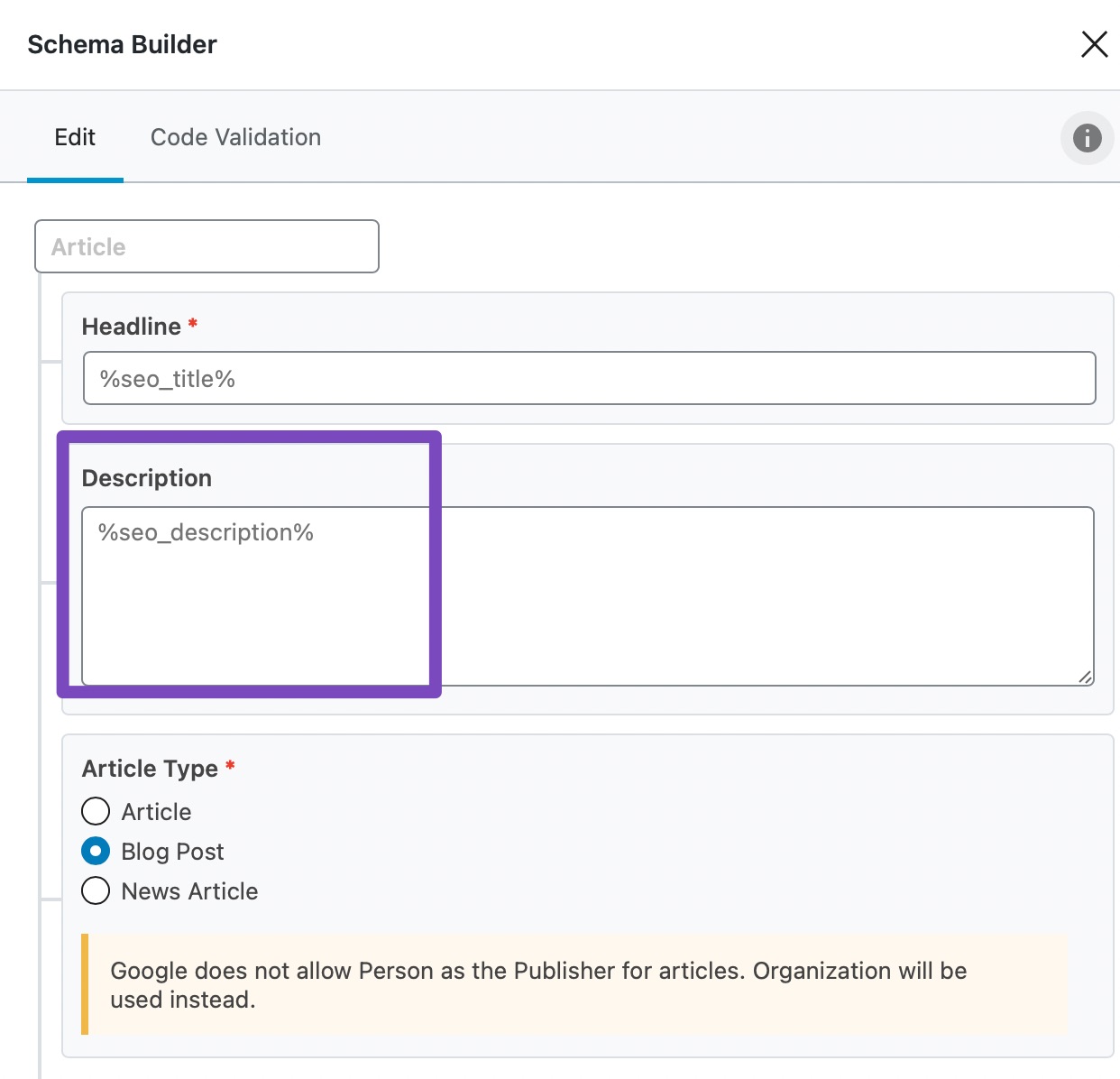 edit seo description in the schema section of rank math