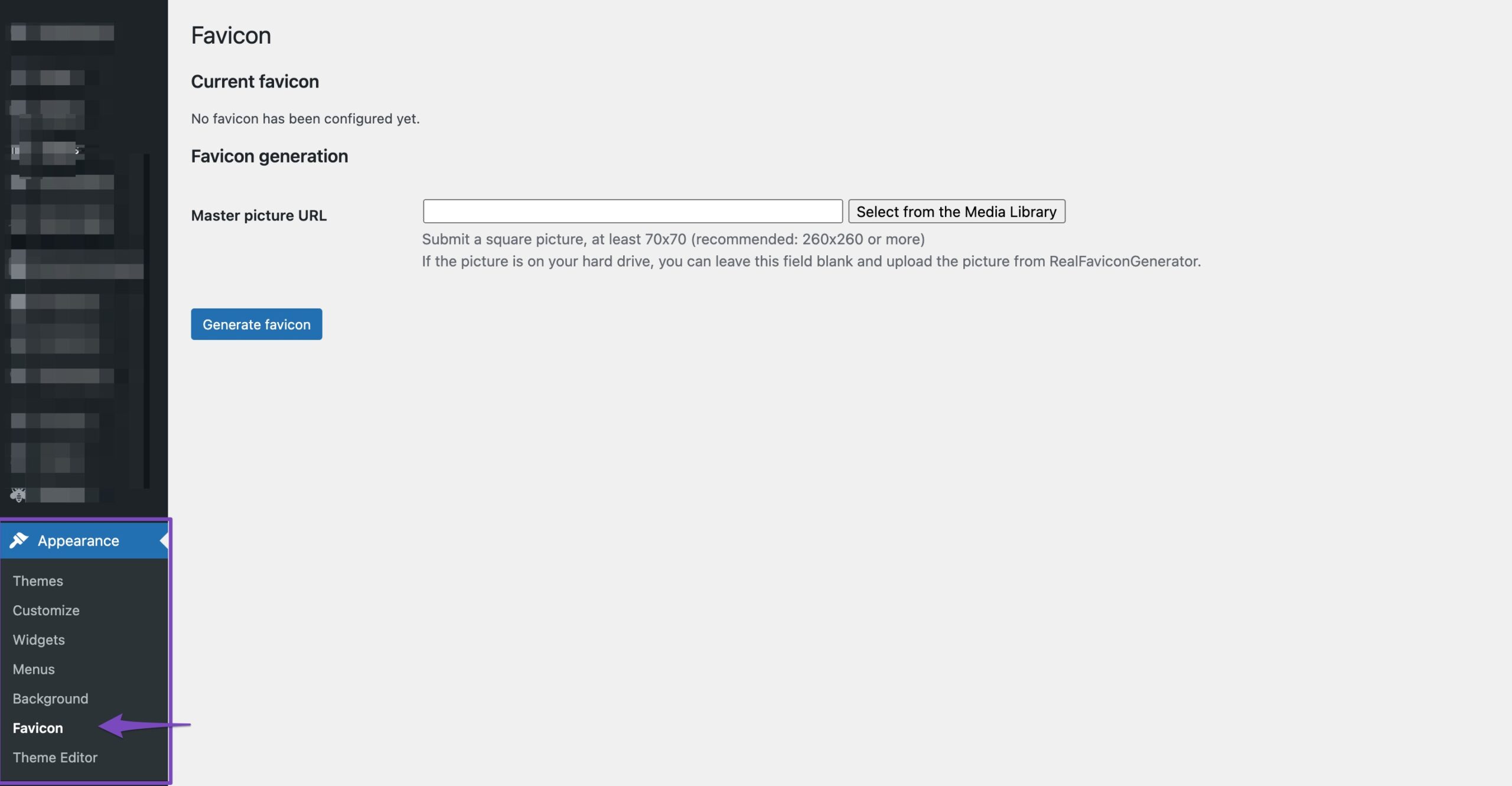 Navigate to the Favicon in the Appearance menu