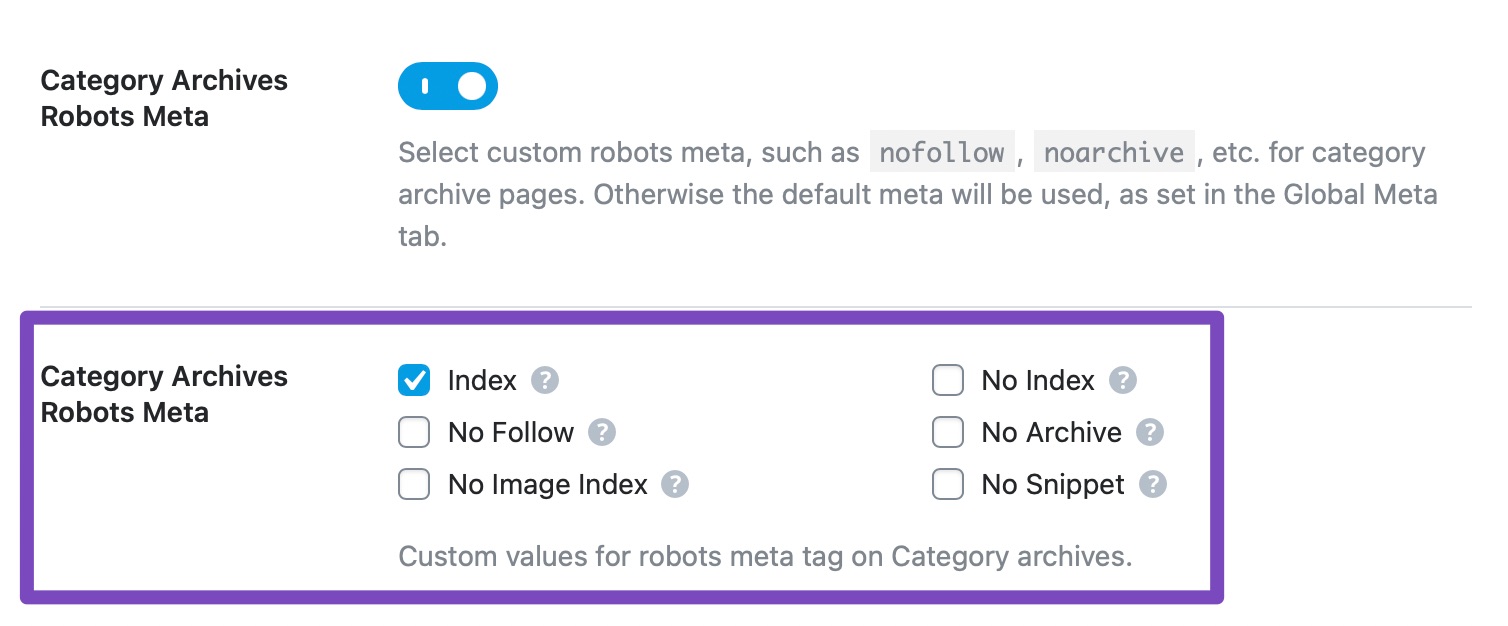Category archives robots meta custom settings