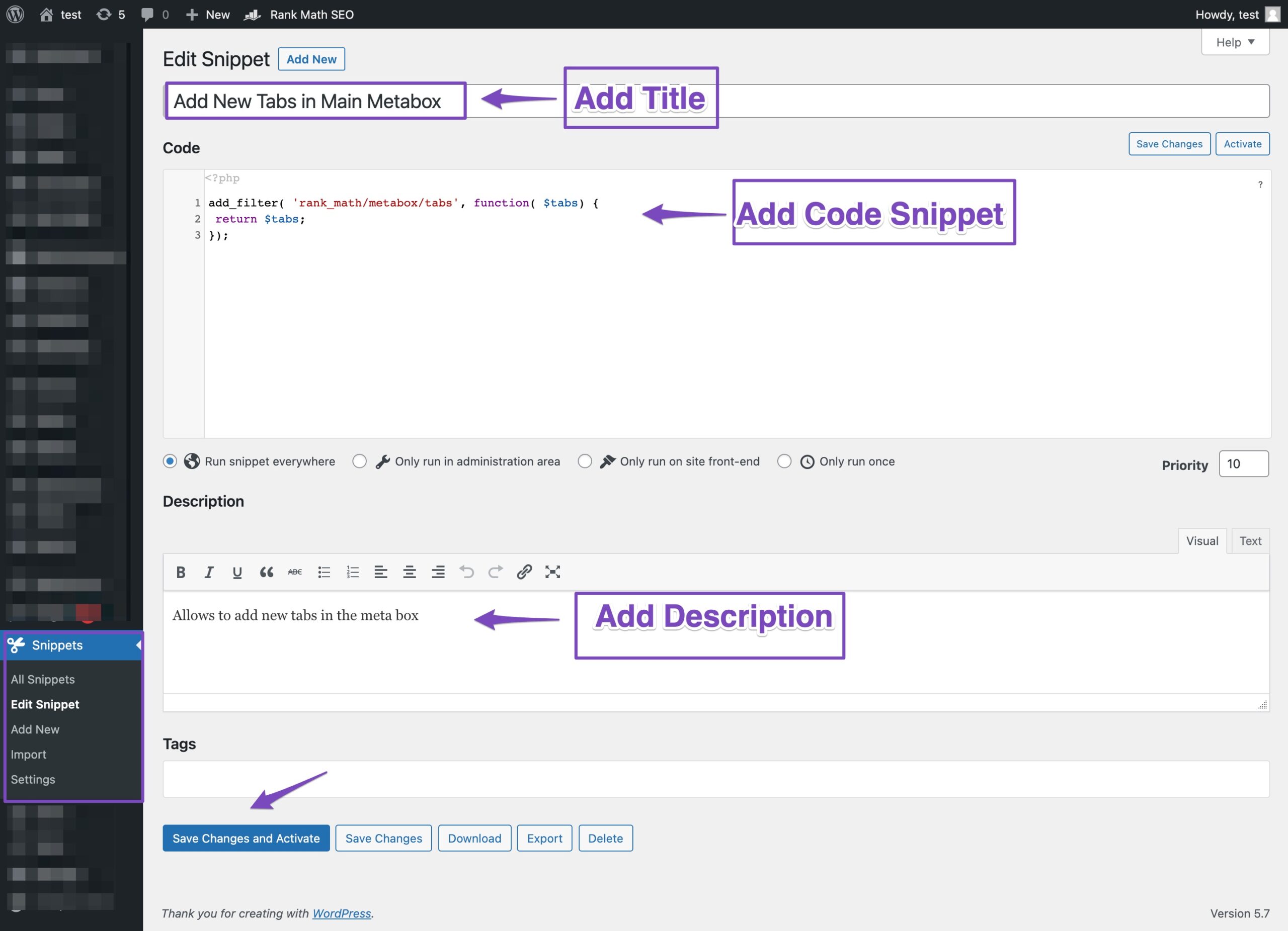 Using the code snippets plugin