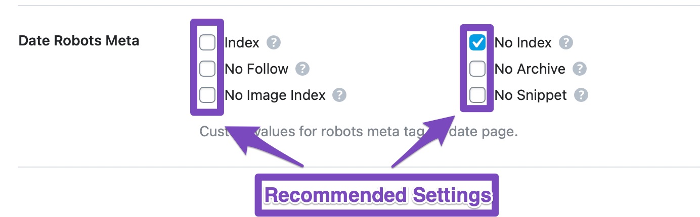 recommended settings for date robots meta