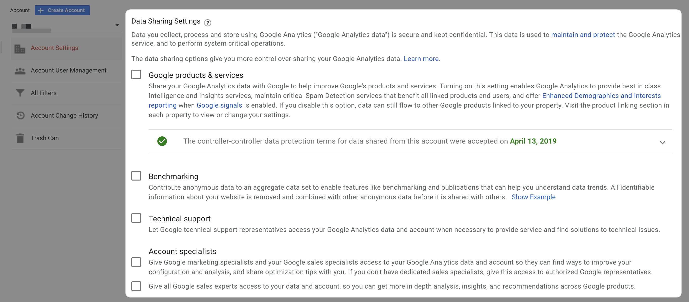 Configurações de compartilhamento de dados do Google Analytics