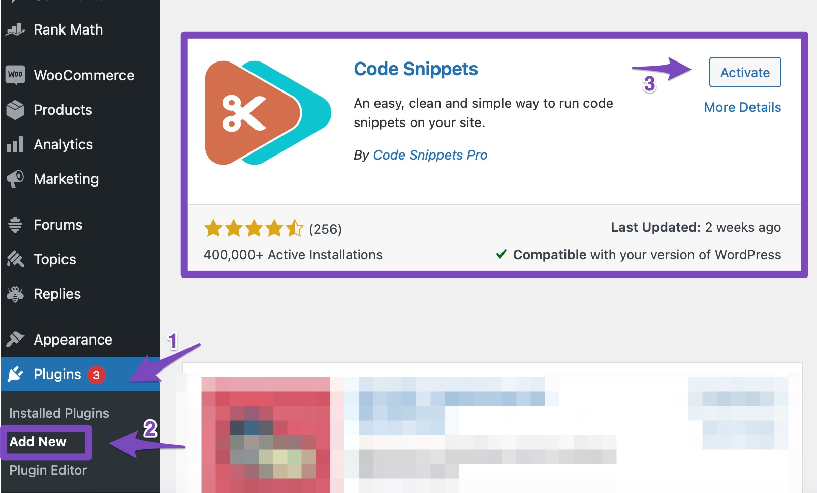 Install and activate Code Snippets plugin
