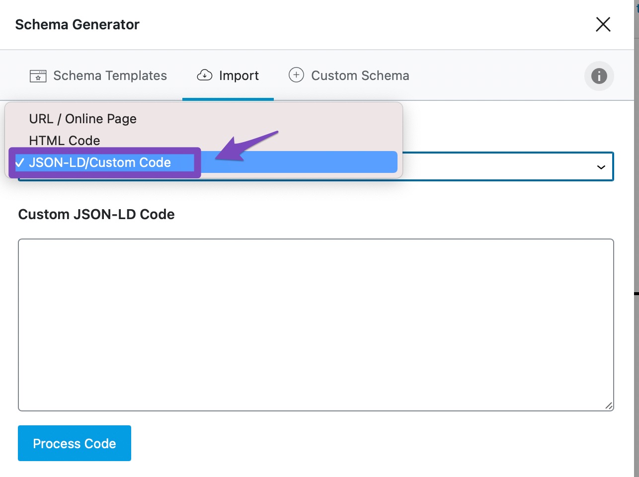Select JSON-LD/Custom Code option