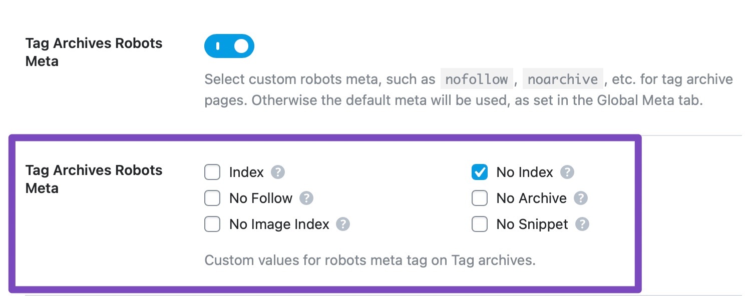 Product tag archives robots meta custom settings