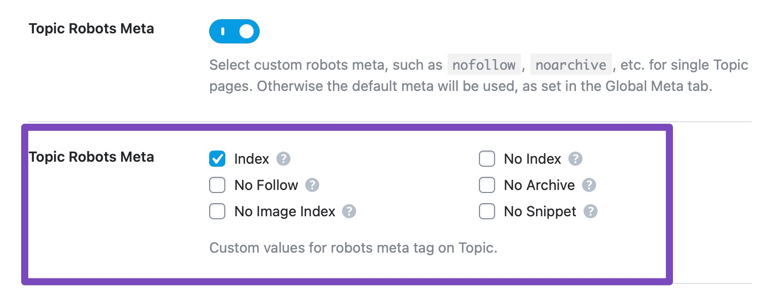 Topic robots meta custom settings