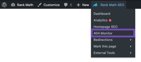 404 Monitor - Rank Math Quick Actions admin menu