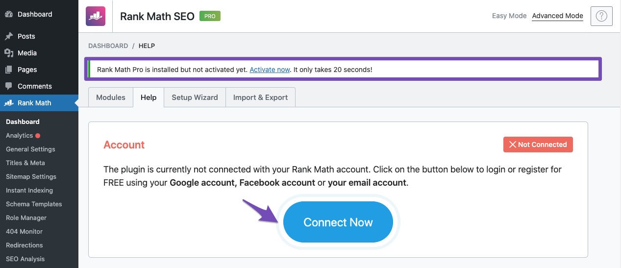 Choose Connect Now to connect website with Rank Math
