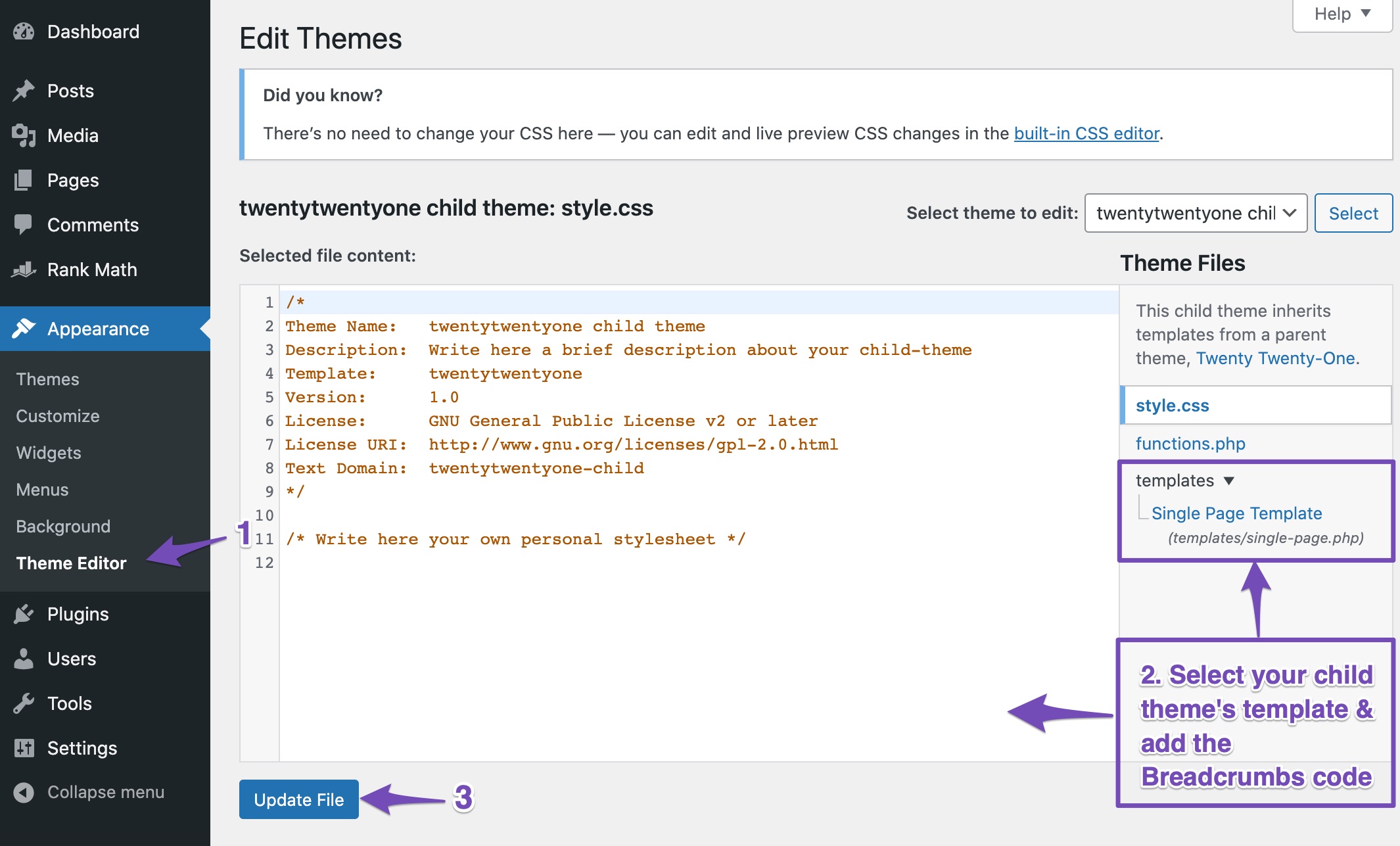 Add Breadcrumbs code to your theme's template file