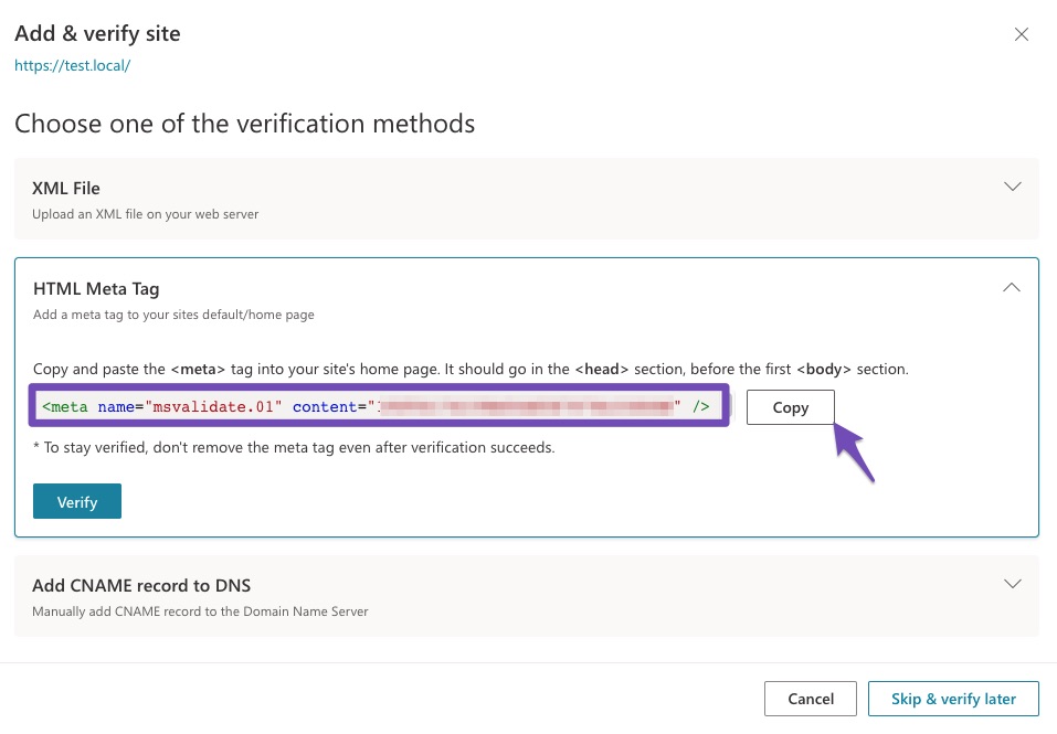 Bing HTML Meta tag verification method