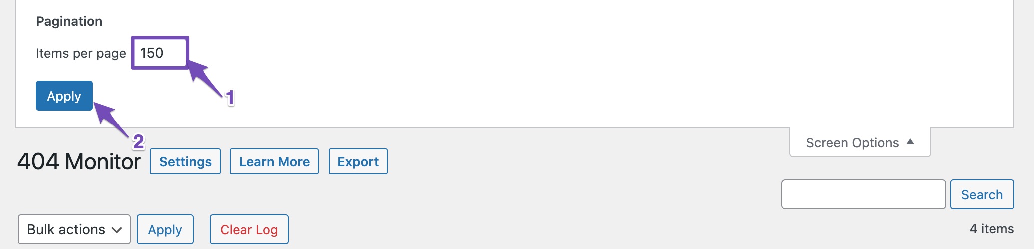 Change Items Per Page in Rank Math 404 Monitor