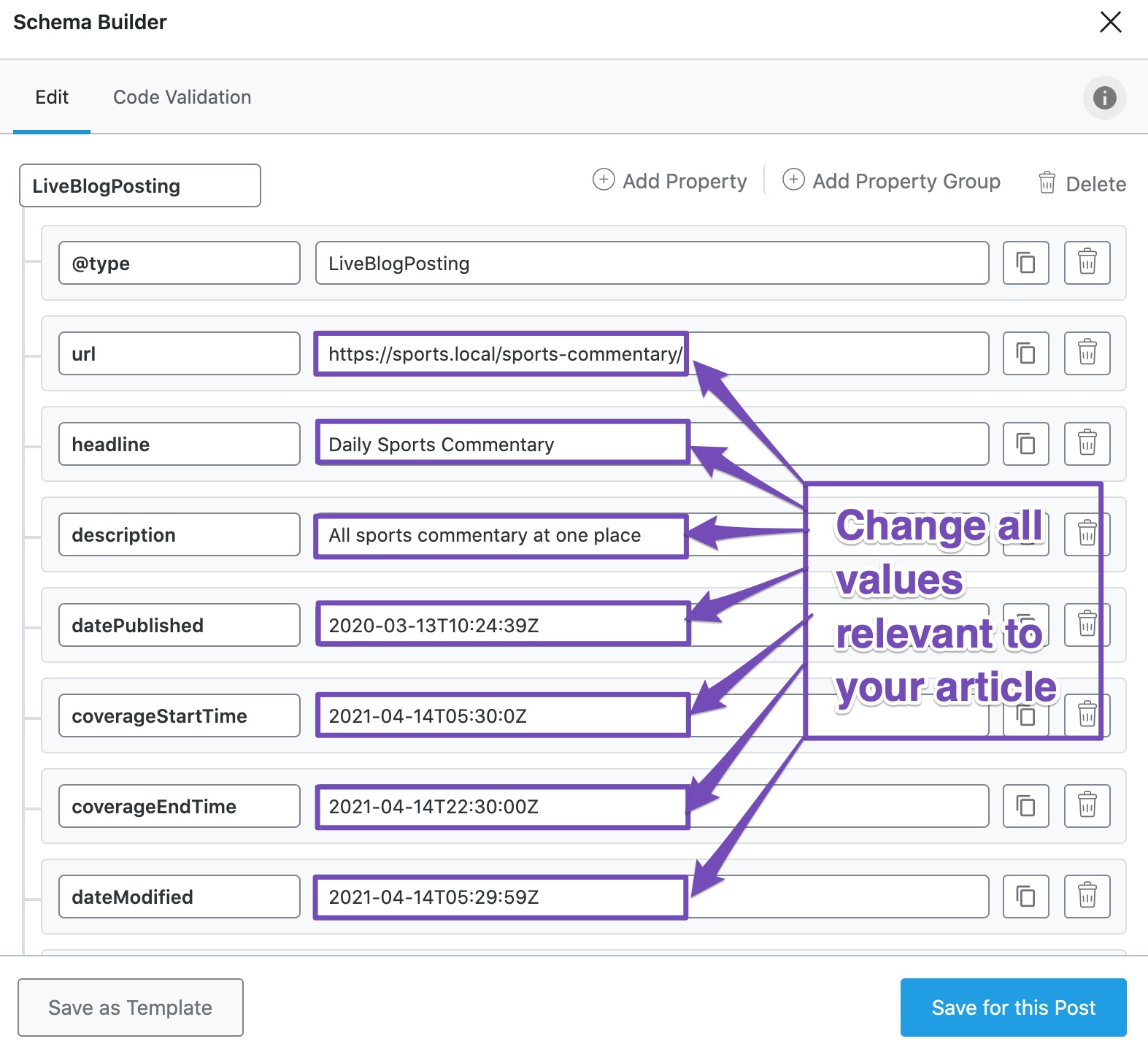 Changing custom Schema Markup values relevant to an article