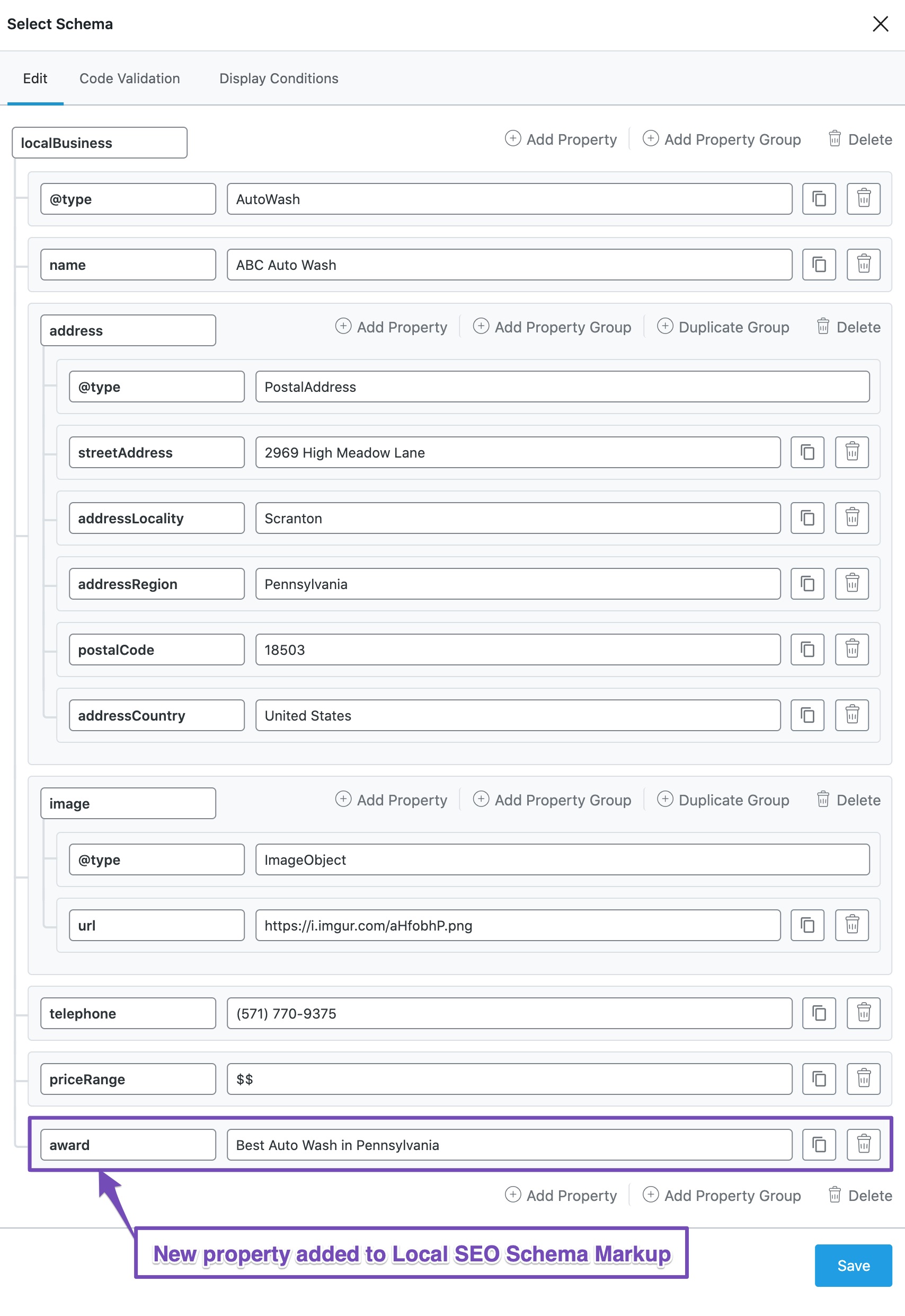 Custom Local SEO Schema Markup with award property