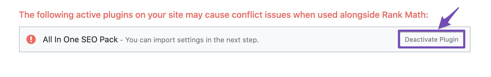 Deactivate All In One SEO Pack in Rank Math Setup Wizard