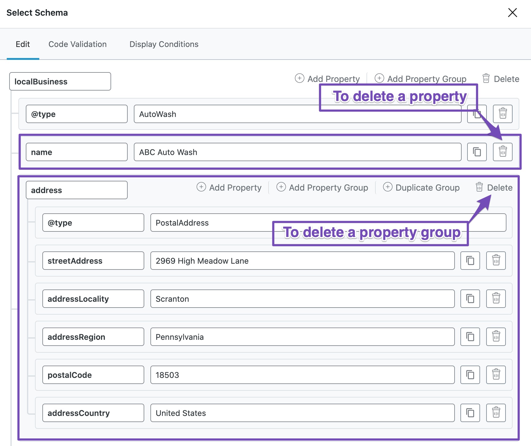 Delete a property or property group in Custom Rank Math Schema Builder