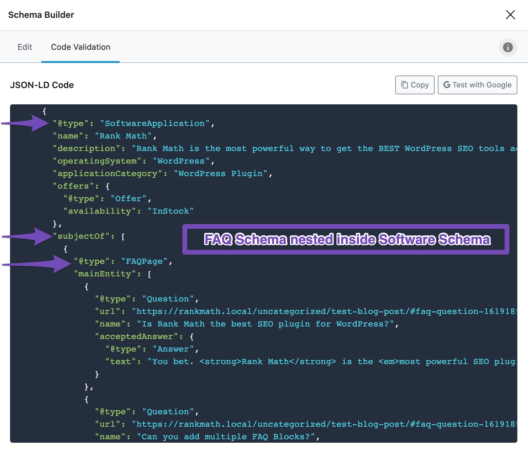 Example for FAQ Schema being nested inside Software Schema