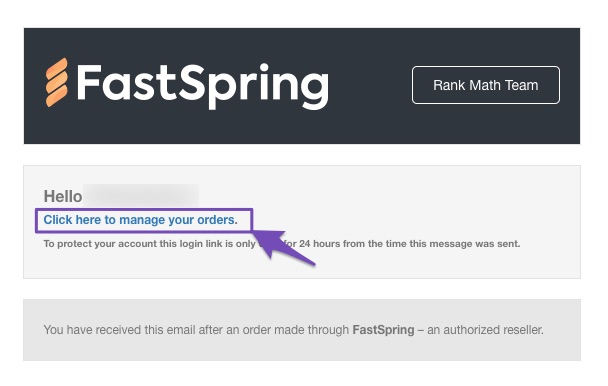 FastSpring Email with Login link from Rank Math