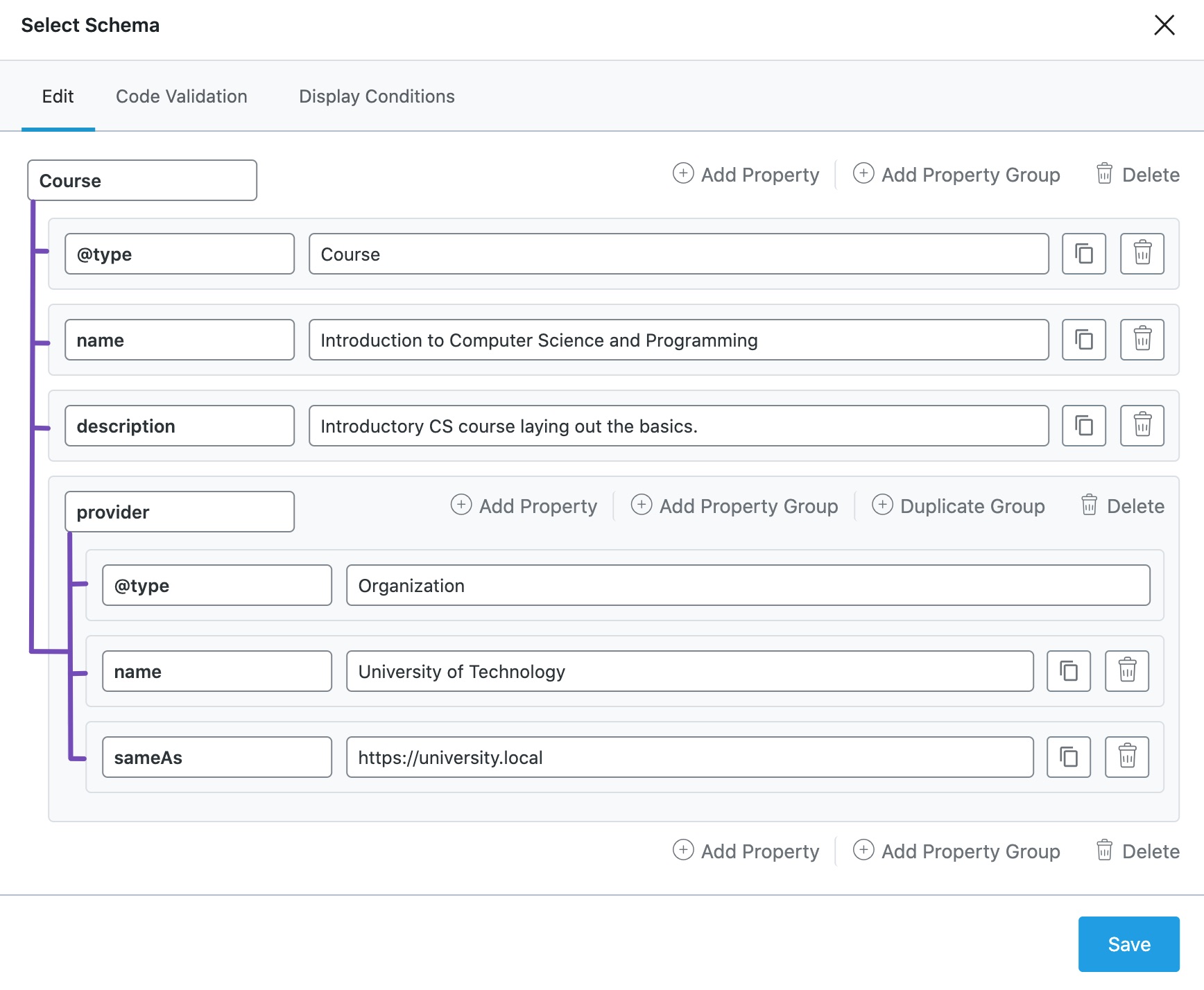 Hierarchical lines in Rank Math Schema Builder